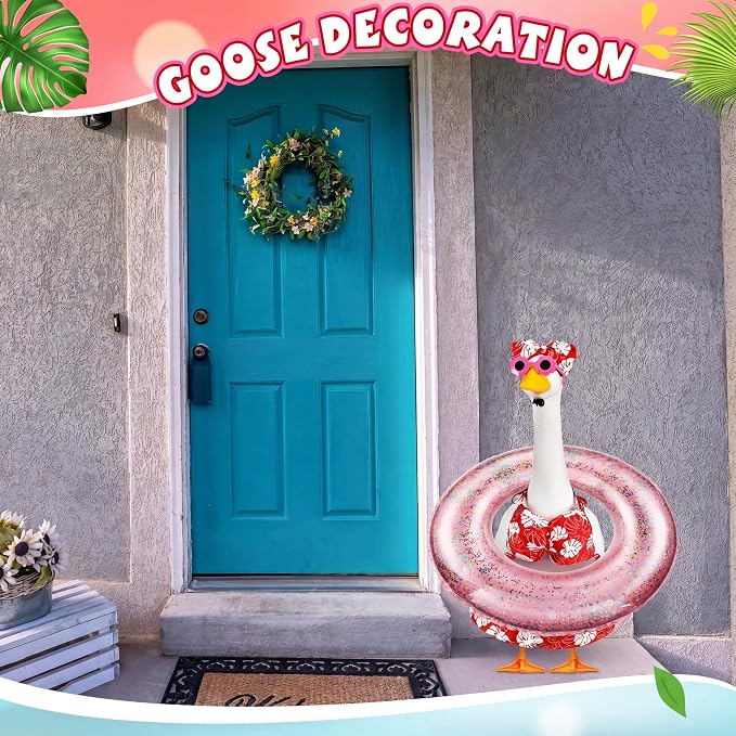 Bikini Porch Goose Outfits with Sunglasses and Swimming Tube for 23" Summer Goose Costume Garden Patio Statue Decor(Hot Pink Monstera)