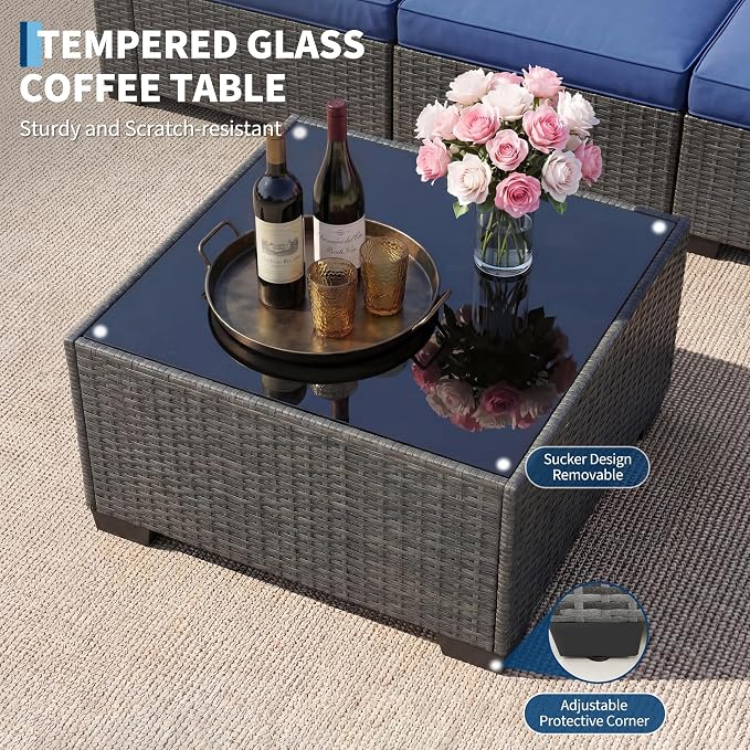 7-Piece All-Weather Outdoor Sectional Sofa Set, Waterproof Wicker Patio Furniture with Removable Cushions, Modern Conversation Set for Poolside, Garden, and Backyard, Grey Rattan with Blue Cushion