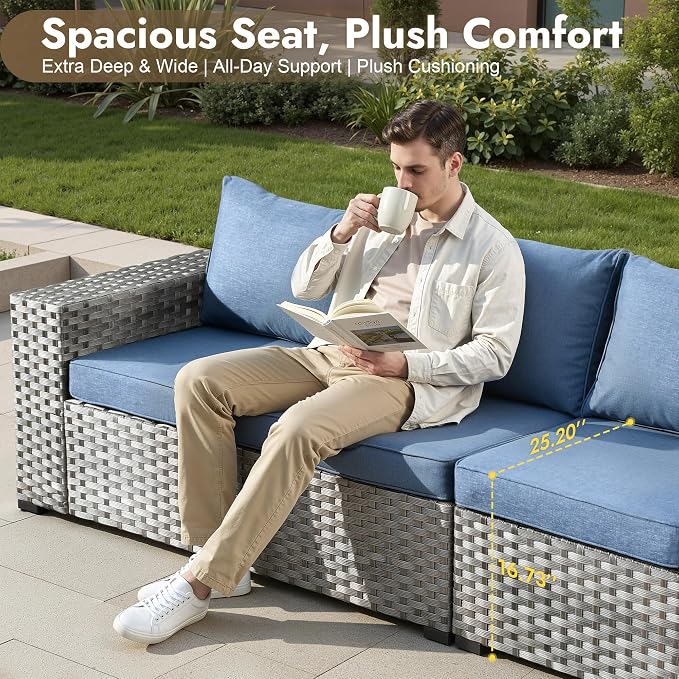 10 Pieces Outdoor Patio Sectional, Wicker Patio Furniture Set with 42 inch Fire Pit Table, All-Weather L Shaped Patio Conversation Set with Swivel Chairs, for Backyard Porch Yard,Blue