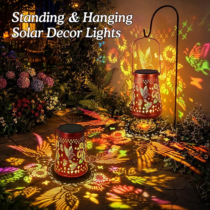 Hummingbird Solar Lanterns Waterproof Outdoor Solar Lights | Sunflower & Butterfly Patterns, Metal Hanging Lights for Patio & Yard, Garden Decor Gifts for Women, Mom & Grandma, 1 Pack