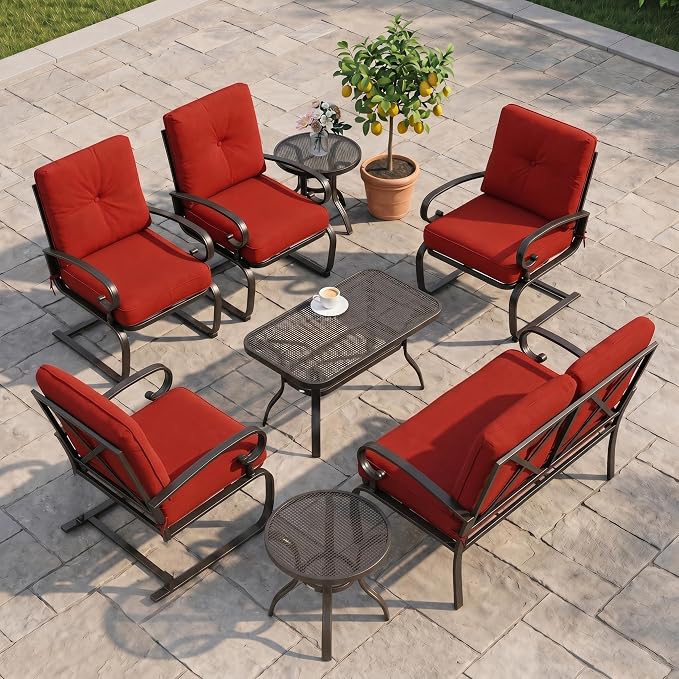 Incbruce 7 Pcs(6 Seats) Wrought Iron Patio Conversation Sets (1 Loveseat, 2 Table, 2 Spring Chair, 2 Dining Chairs), Outdoor Metal Furniture Sets with Red Cushion