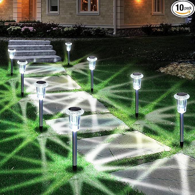 Eyrosa Solar Outdoor Lights, 10 Pack Waterproof Stainless Steel Solar Stake Lights for Pathway Garden Yard Path Walkway Driveway Lawn Patio Outside Decor, Cool White