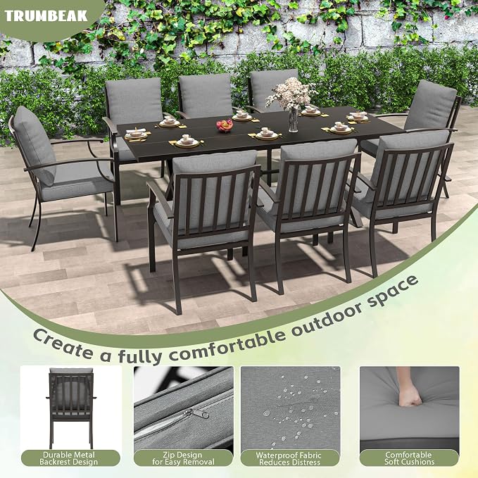 9-Piece Patio Dining Set Outdoor Conversation Set,Metal Outdoor Furniture Set with Umbrella Hole Cut-Out 78.7" x 35.4" Table and 8 Metal Backrest Chairs for Backyard,Garden,Grey