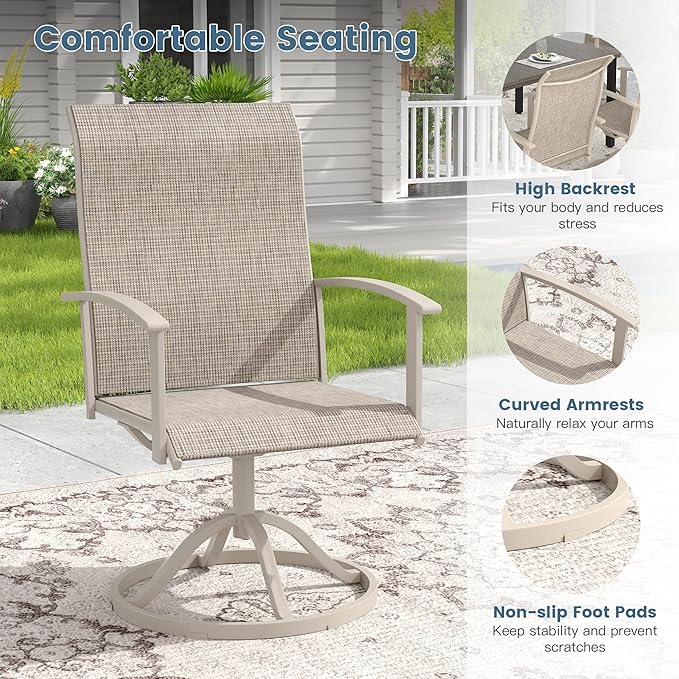 DIFY 7 Pieces Outdoor Dining Set, Metal Patio Table and Chairs Set for 6 with Umbrella Hole, 50" Round Outdoor Table and Textilene Swivel Patio Chairs for Garden, Backyard, Poolside, Sandshell