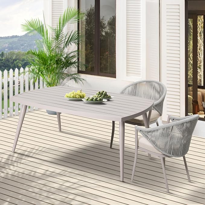 NUU GARDEN Outdoor Dining Table with 1.97" Umbrella Hole, All Weather Metal Outdoor Patio Table, 6-Person Aluminum Slat Rectangle Dining Table, Bistro Table for Garden, Backyard, Beige