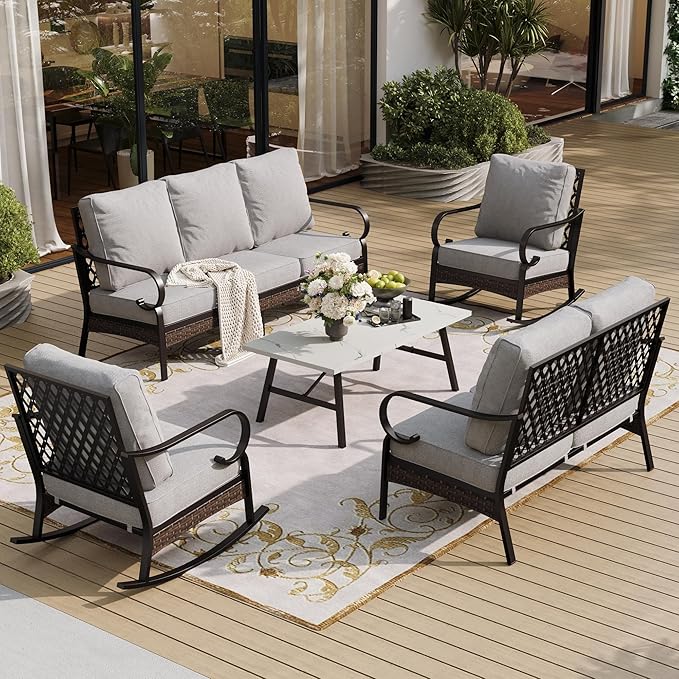Sunshine Valley 5 Piece Metal Outdoor Patio Furniture Set, 3-Seater Sofa, 2-Seater Sofa, 2 Rocking Chairs With 5.75" Cushion & Coffee Table In Black And Light Gray