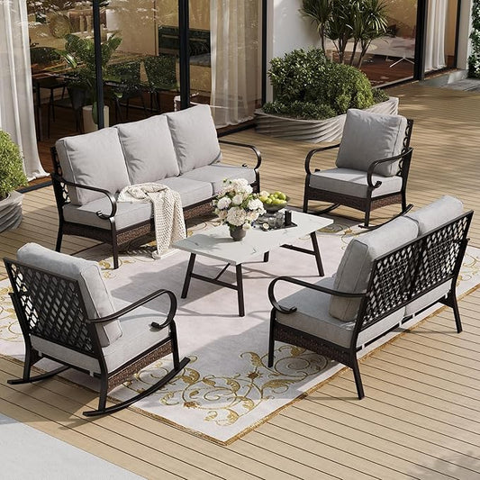 Sunshine Valley 5 Piece Metal Outdoor Patio Furniture Set, 3-Seater Sofa, 2-Seater Sofa, 2 Rocking Chairs With 5.75" Cushion & Coffee Table In Black And Light Gray