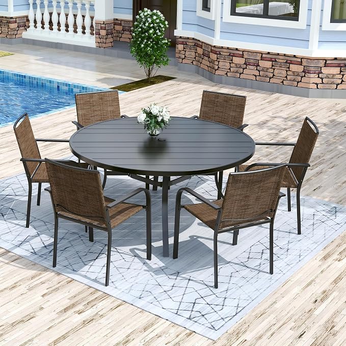 Anmutig 7 Piece Patio Dining Set 54 Inch Round Table Stackable Chairs Brown | Powder-Coated Steel Frame, Quick-Dry Textilene Mesh, Dual-Size Umbrella Hole, Weather Resistant, Patio, Garden, Backyard