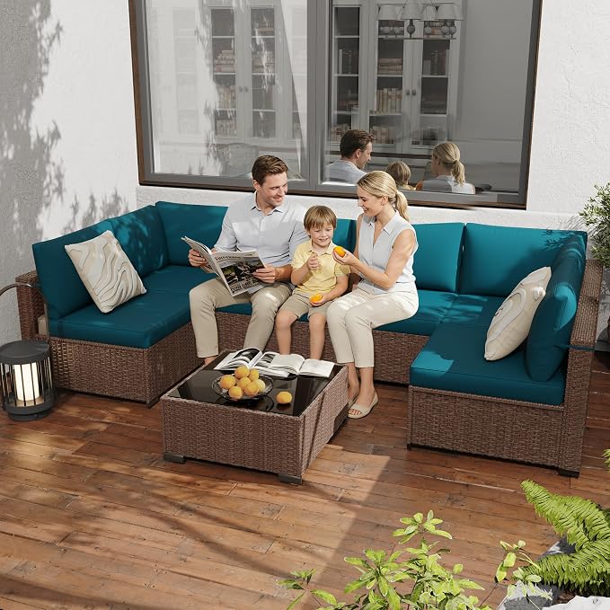 KIGOTY Patio Furniture Set,7 Pieces Modular Outdoor Sectional Sofa, PE Rattan Patio Conversation Set, All Weather Wicker Patio Furniture with Cushions and Coffee Table（Brown/Peacock Blue）