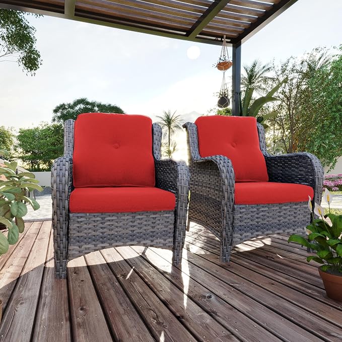 MeetLeisure Outdoor Wicker Chair Rattan Patio Dining Chairs Set of 6 PE Wicker Patio Chairs with 4 inch Seat Cushions Patio Seating Chair for Garden, Backyard Swimming Pool, Balcony, Red