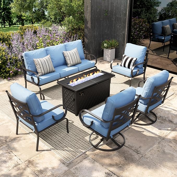 Sophia & William Patio Conversation Set for 7, 3-Seater Sofa, 2 Fixed Chairs, 2 Swivel Chairs and a 45" Fire Pit Table, Metal Outdoor Furniture with 5.75" Extra Thick Cushions, Blue