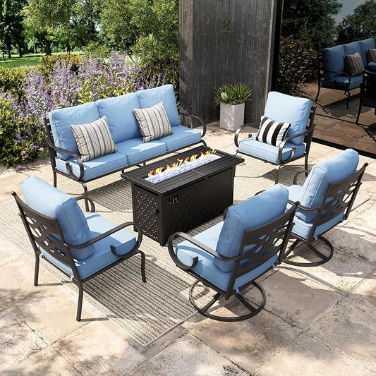 Sophia & William Patio Conversation Set for 7, 3-Seater Sofa, 2 Fixed Chairs, 2 Swivel Chairs and a 45" Fire Pit Table, Metal Outdoor Furniture with 5.75" Extra Thick Cushions, Blue