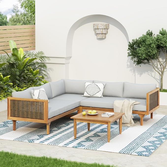 LUMISOL 4-Piece Outdoor Acacia Wood Sofa Set with Water Resistant Cushions, All Weather Patio Conversation Set with Coffee Table for Garden, Backyard, Poolside, Teak+Light Grey