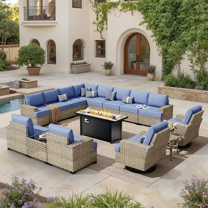 HOOOWOOO Sectional Patio Furniture Set With Fire Pit Table,15 Pieces Wicker Outdoor Furniture L Shaped Couch,Outside Conversation Set Extra Deep Seat Sofa Wide Arm Swivel Chairs Solar Light,Denim Blue