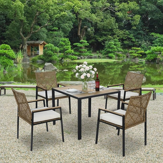 5 Piece Outdoor Dining Table for 4, 35" Dining Table with Umbrella Hole & Stackable Chairs for Patio, Deck,Patio Dining, Outdoor Dining Table Chair, Conversation Set, Patio Furniture Set, Yellow Color