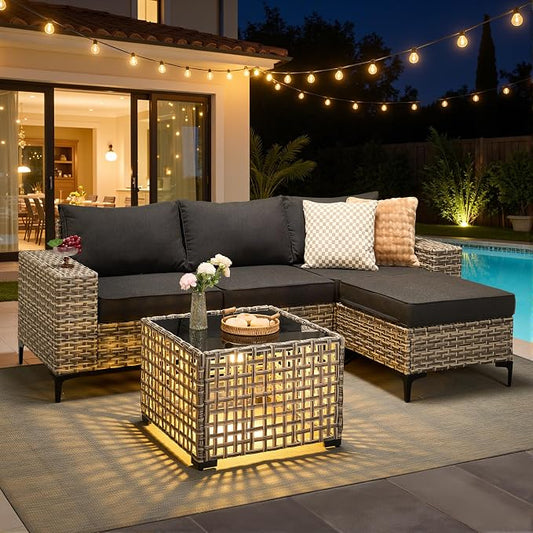 HOOOWOOO 5 Pieces Patio Furniture Set,L Shaped Outdoor Sectional Couch with Solar Table, Pe Wicker All Weather Outside Conversation Sofa Ottoman Set,Black