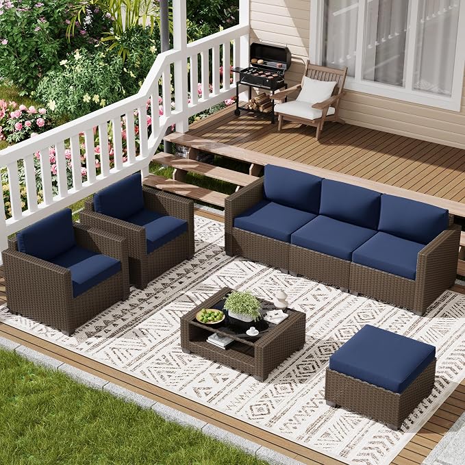 LOUVIXA 7 Piece Outdoor Patio Furniture Set, Rattan Chairs Glass Table Wicker Conversation Seating Sectional Sofa with Cushions (Brown-Navy, 7Pcs-2 Layer Coffee Table)