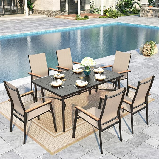 Sophia & William Outdoor Dining Set 7 Pieces, 6 x Aluminum Patio Dining Chairs and Large 64" Metal Dining Table, Space-Saving and Lightweight for Patio Lawn Garden (Beige)