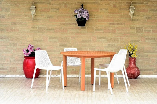 Urban Elements Melbourne 5-Piece Patio Furniture Set | Teak Finish 100% FSC Eucalyptus Wood | Backyard Furniture, Outside Table and Chairs, Round Outdoor Dining Set, White
