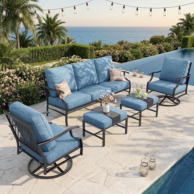 SUNSHINE VALLEY 5 Piece Metal Outdoor Patio Furniture Set, Patio Conversation Sets 3-seater Sofa, 2 Swivel Chairs, 2 Ottomans with 5.75" Thick Cushion, Black All-weather Backyard Furniture Set, Blue-2