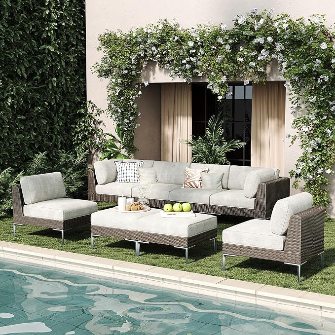 LayinSun 8-Piece Wicker Rattan Patio Furniture Set, Deep Seating Outdoor Modular Sectional Sofa Conversation Set with Thick Cushions for Lawn, Garden
