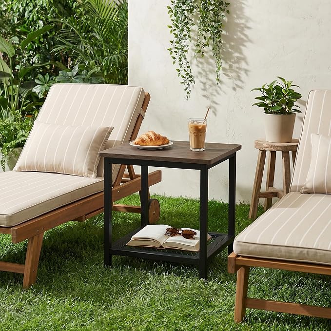 2-Tier Outdoor Side Table with Storage, Weather Resistant Patio End Table, HDPS Small Accent Table for Deck, Garden, Pool, Backyard, Brown 2pcs