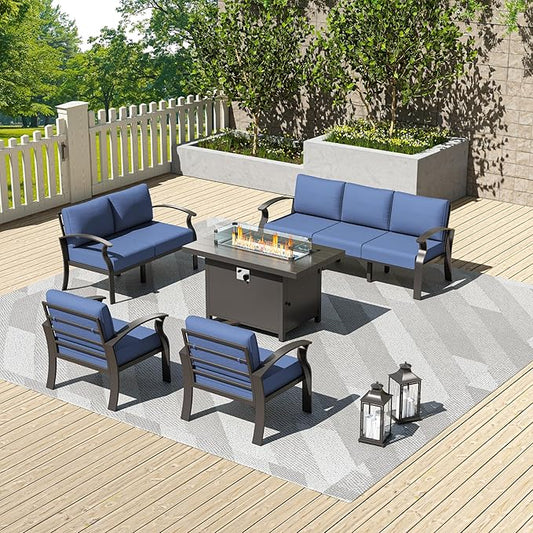 Kullavik Aluminum Patio Furniture Set,5 Piece Modern Metal Outdoor Patio Furniture w/5.1'' Thick Cushion and 45" Propane Fire Pit Table,Patio Conversation Sets for Porch,Deck,NavyBlue