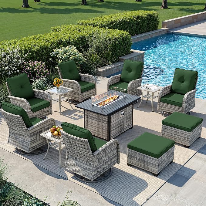 12-Piece Small Patio Furniture Set, Outdoor Swivel Rocking Chairs Set with 55,000 BTU Fire Pit Table Wicker Chairs and Ottomans, Patio Bistro Set for Balcony, Deck, Porch,Dark Green