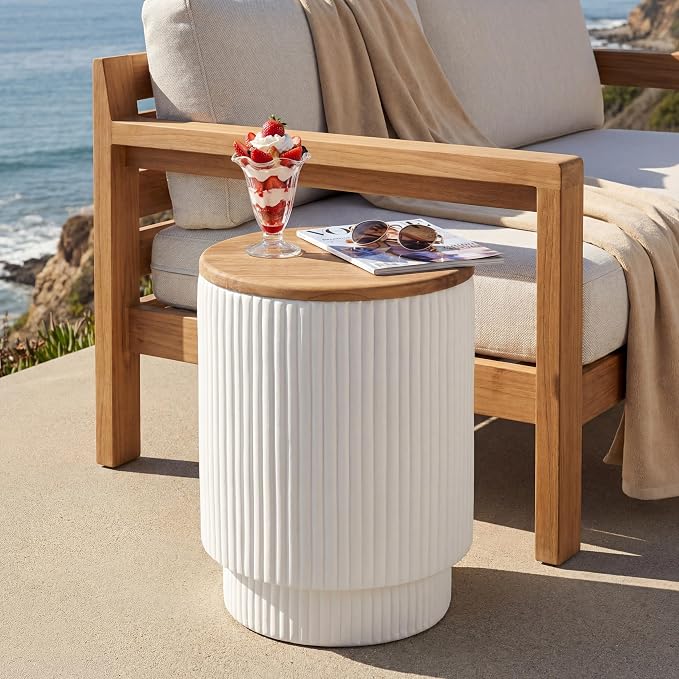 Christopher Knight Home Utara Patio Lightweight Concrete Round Coffee Table with Storage, Indoor and Outdoor End Table, MGO Outdoor Side Table with Acacia Wood Top, No Assembly, White + Brown