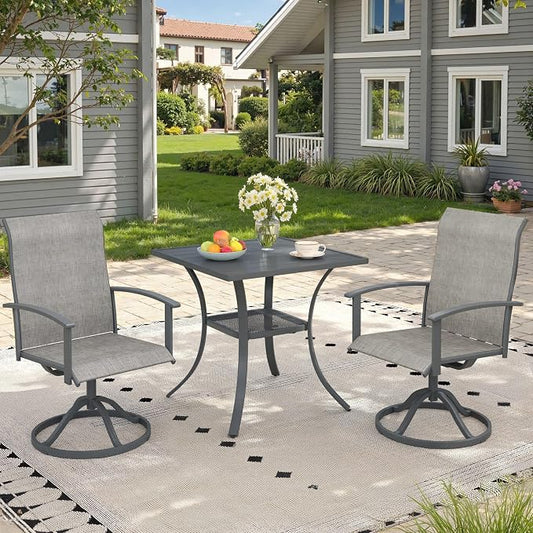 3 Pieces Small Patio Dining Set, Outdoor Furniture of 27.5" Square Small Patio Table and Patio Swivel Chairs for Backyard Lawn Garden, Dark Grey Table and Grey Chairs