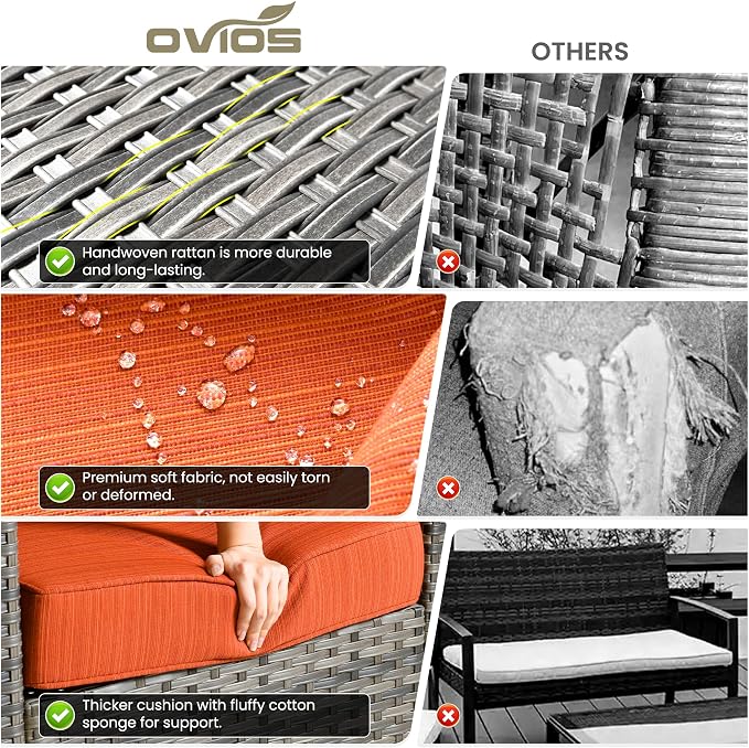 ovios 9 Pieces Patio Furniture Set with Square Fire Pit Table, Outdoor Swivel Rocking Chairs, High Back Wicker Rattan Conversation Set for Deck Porch, Orange Red