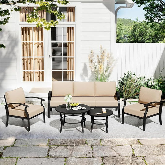 Aluminum Patio Furniture Set with 2 Round Coffee Tables, 5 Seats Outdoor Patio Conversation Sets w/5.1" Cushions,Patio Conversation Sets for Garden, Backyard, Porch-Sand