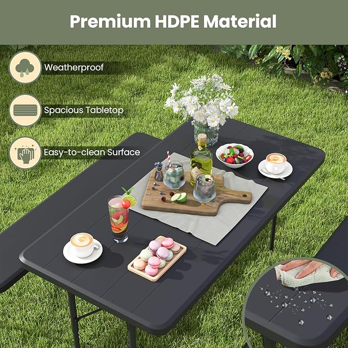 Moccha Folding Picnic Table - Portable Picnic Table with Benches, HDPE Tabletop, Metal Frame, Foldable Camping Table, Outdoor Dining Table Set for Garden Party BBQ Patio Table Bench Set (Black)