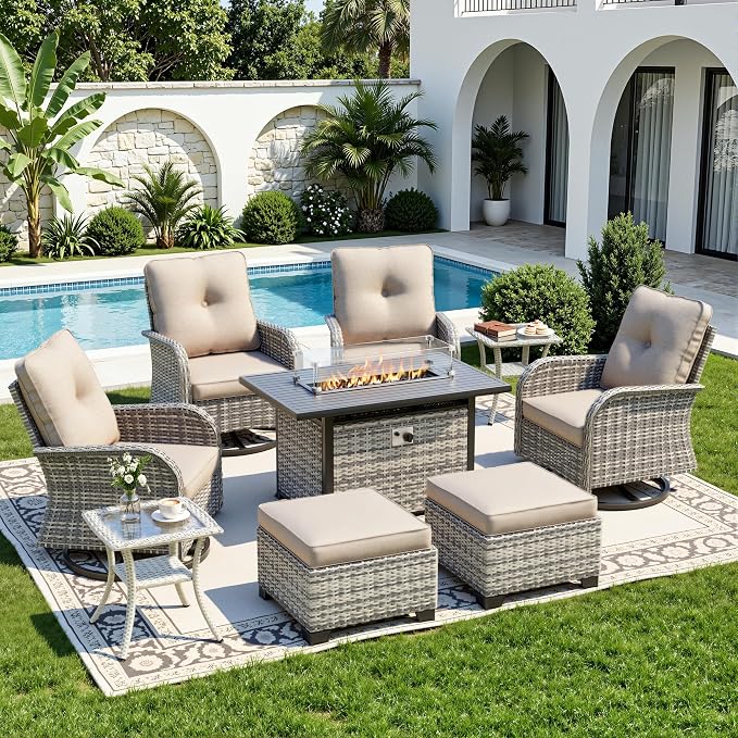 9-Piece Small Patio Furniture Set, Outdoor Swivel Rocking Chairs Set with 55,000 BTU Fire Pit Table Wicker Chairs and Ottomans, Patio Bistro Set for Balcony, Deck, Porch, Khaki