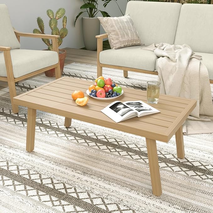 HAPPATIO 4-Piece Outdoor Patio Furniture Set for 5, Aluminum Outdoor Conversation Set Includes 1 Three-Seater Sofa, 2 Armchairs, and 1 Coffee Table, Perfect for Porch, Deck, Garden, (Beige)