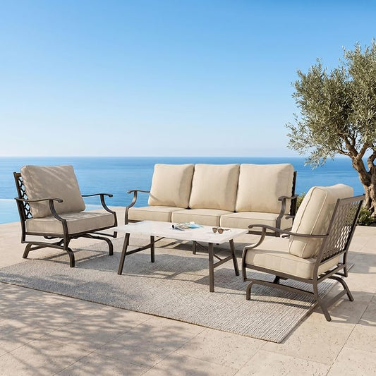 MIXPATIO Patio Furniture Set 4 pcs, Metal Outdoor Patio Furniture, 3-Seat Sofa, 2 Swivel Chairs, Metal Coffee Table and 5.75" Extra Thick Cushion, Patio Conversation Set,Beige
