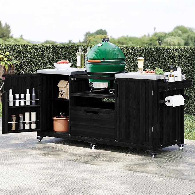 RUNNA 66.5" Outdoor Kitchen Island for Big Green Egg Grills,Solid Wood Outdoor Grill Cart for Tabletop Grill with Stainless Steel Top,Drawer, Compatible with Large Big Green Egg, Kamado Joe