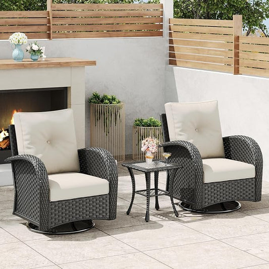 3 Pieces Outdoor Wicker Patio Swivel Rocking Chairs, All Weather Wicker Conversation Set with Side Table