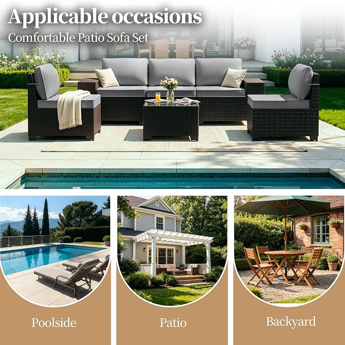 Patio Furniture Set 6 Pieces Outdoor Sectional Sofa Set,PE Rattan Wicker Patio Conversation Set with Thickened Cushions and Glass Coffee Table,Grey