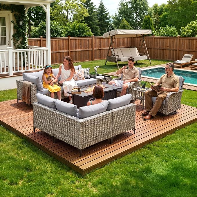 CAODOC 11-Piece Outdoor Sectional Sofa Set w/ 54" Fire Pit – L-Shaped Wicker Patio Furniture, Deep Seating & Swivel Rockers,Gray
