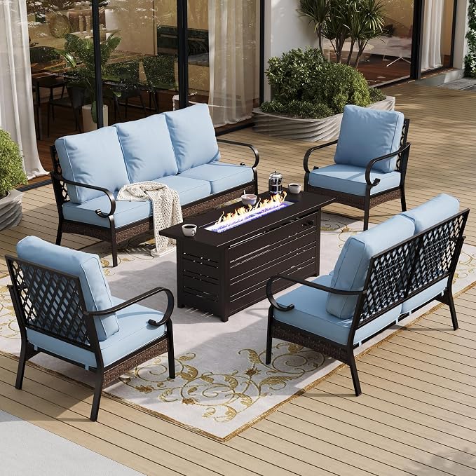 SUNSHINE VALLEY 5 Piece Metal Outdoor Patio Furniture Sets with Firepit Table, Patio Conversation Sets 1 3-Seater Sofa, 1 2-Seater Loveseat, 2 Single Sofa with 5.75" Cushion for Backyard Deck, Blue