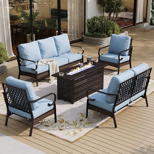 SUNSHINE VALLEY 5 Piece Metal Outdoor Patio Furniture Sets with Firepit Table, Patio Conversation Sets 1 3-Seater Sofa, 1 2-Seater Loveseat, 2 Single Sofa with 5.75" Cushion for Backyard Deck, Blue