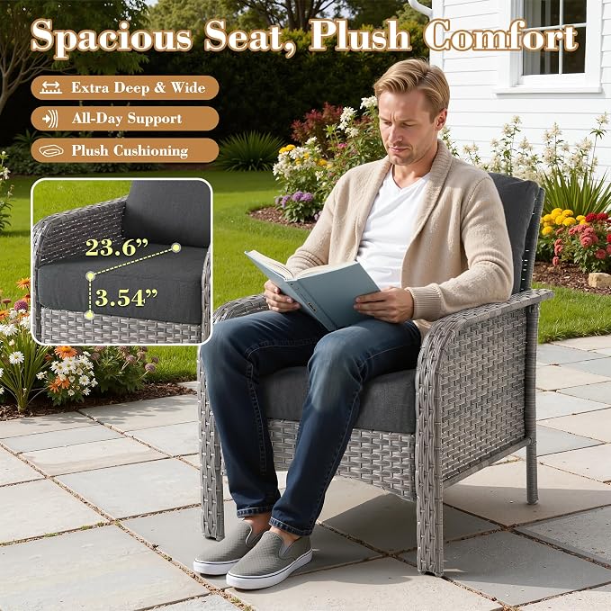 2 Pieces Patio Furniture Set, Two Single Chair Outdoor Furniture, All-Weather Rattan Wicker High Back Conversation Set of 2 for Small Space Porch, Backyard, Balcony, Black