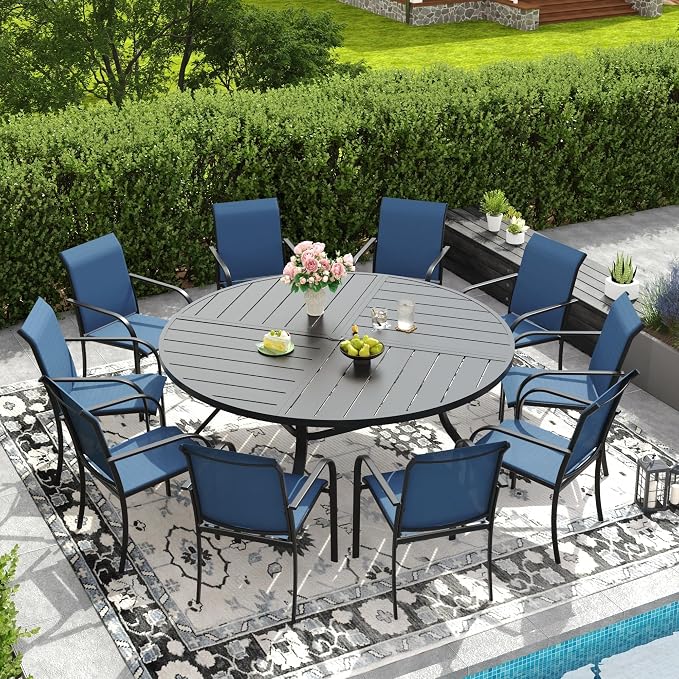 DIFY 11 Pieces Outdoor Patio Dining Set for 10, 63" Black Round Metal Patio Table and 10 Blue Stackable Textilene Patio Chairs, Outdoor Table and Chairs for Backyard Garden Poolside