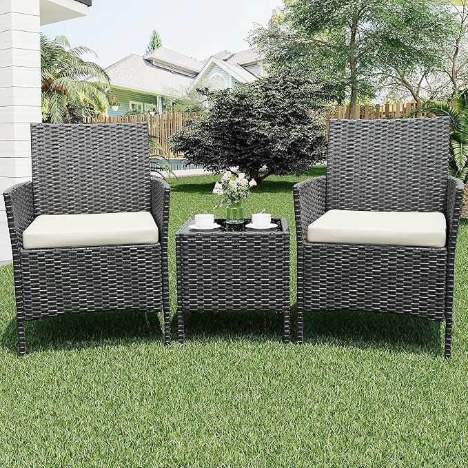 3-Piece Wicker Patio Sofa Set All-Weather Rattan Conversation Set with Cushions and Glass Coffee Table for Garden Porch Lawn