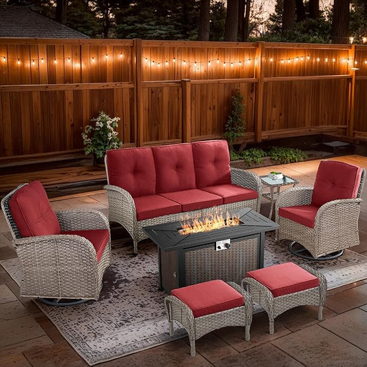 7 Piece Patio Furniture Set with Fire Pit Table - Wicker Patio Conversation Set with Swivel Glider, 3 Seat Sofa, Side Table and 2 Ottomans for Deck Backyard - Grey Wicker Red Cushion
