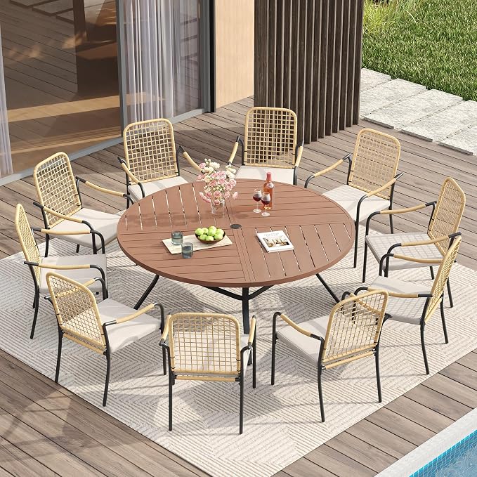 VICLLAX 63" Round Patio Table with Umbrella Hole, All Weather Metal Outdoor Dining Table for 8-10, Outside Table for Lawn Garden, Walnut Wood-Grain Finish