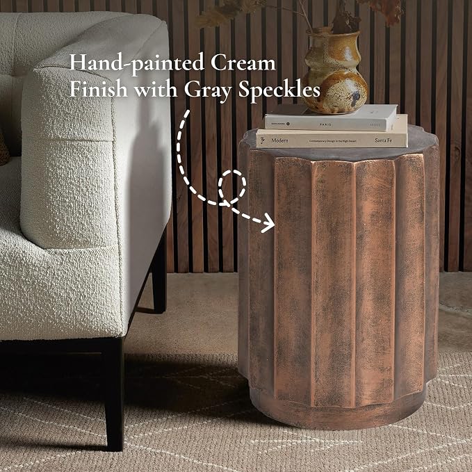 LuxenHome Weathered Copper Cement Fluted Round Indoor Outdoor Side and End Table, Set of 2