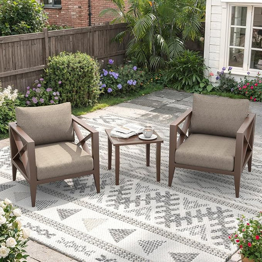 Aluminum Outdoor Patio Furniture Set with 5.2" Thick Cushions, 3-Piece Outdoor Sectional with Coffee Table, Patio Conversation Sets for Backyard,(Brown,2 Seats)