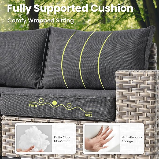 ovios 5-Piece Patio Furniture Set with L-Shape Sofa Chaise, Outdoor Sectional Couch Solar Table, Modern Modular Wicker Rattan Conversation Set, Black